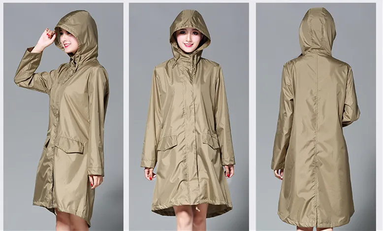 Длинный дождевик женский водонепроницаемый ветрозащитный капюшон тонкий куртка