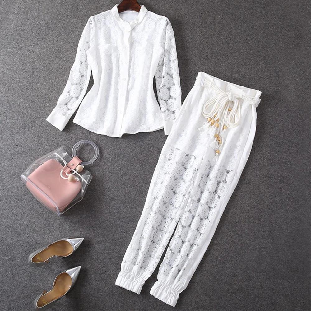 Женский офисный костюм FTGSDLONG комплект из 2 предметов: кружевной топ и штаны с