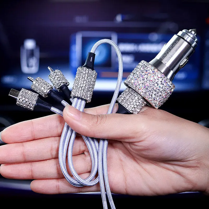 Двойной зарядное устройство USB для мобильного телефона планшеты gps быстро зарядное устройство горный хрусталь алмаз 3 линии передачи данных провода в автом - Название цвета: sliver 2pc