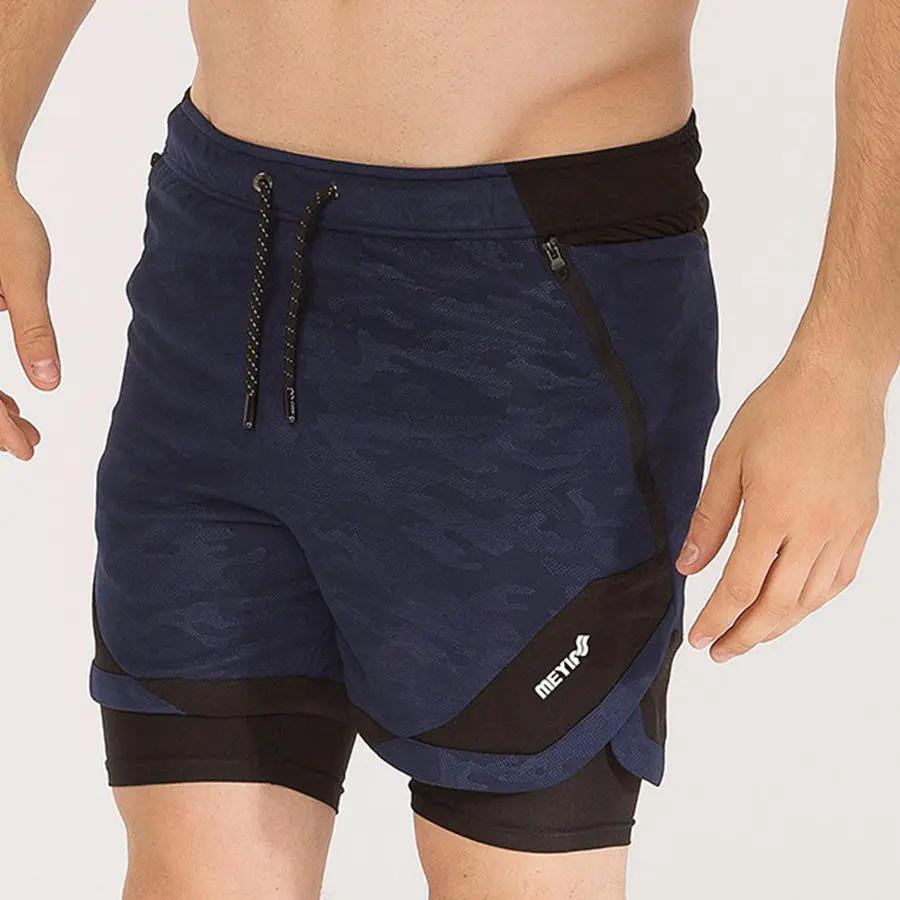 

Mens 2 in 1 Running Shorts Gym Fitness Training Quick Dry Sports Beach Short Pants Built-in Pockets Hips Hiden Zipper Pockets