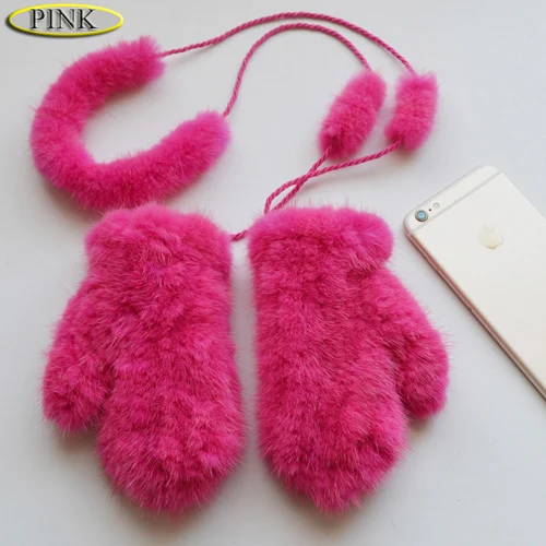 pink Брендовые Детские перчатки из натурального меха, зимние теплые перчатки из натурального меха норки, Милые Роскошные вязаные варежки из меха норки, лучший подарок для детей - Цвет: pink