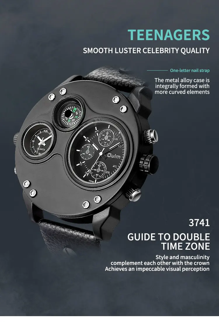 OULM Outdoor Sports Watch Men Quartz Double Time Zone Display Black Leather Strap Big Size Case Top Brand Luxury Wristwatches | Наручные