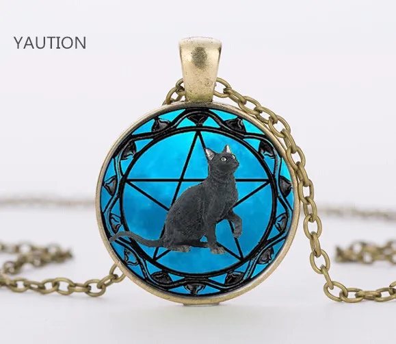 Женские кулоны с черной кошкой ожерелье ошейник голубым стеклом и звездами