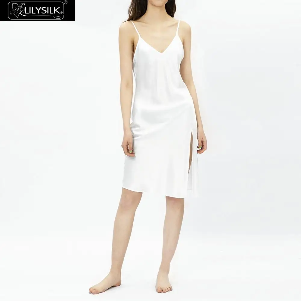 White LilySilk шелковая ночная рубашка 19 Momme с v-образным вырезом Роскошная натуральная элегантная женская одежда - Цвет: White