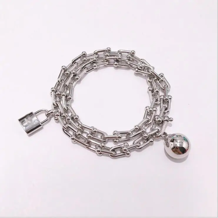 Посеребренный Armbanden voor vrouwen, титановая сталь, ювелирные изделия, Т-образная буква, u-образная цепочка, замок, шар, висящий, двойной браслет - Окраска металла: Посеребренный