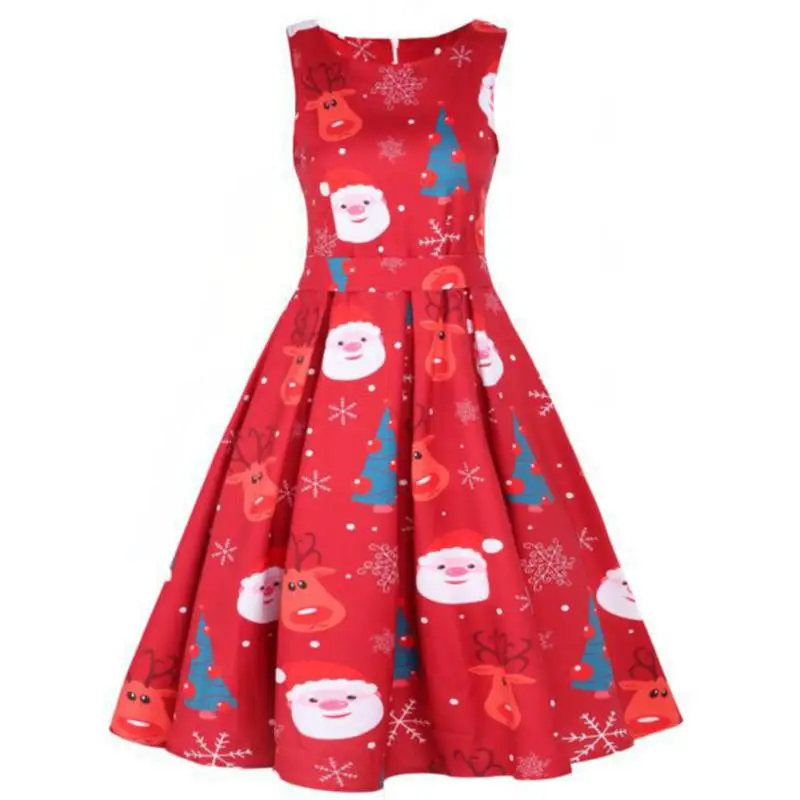 2018 Autumn Retro Round Neck Sleeveless Christmas Print Dress High Waist Pleated | Женская одежда