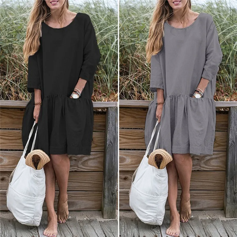JAYCOSIN, весенне-летнее платье, женское повседневное свободное платье с круглым вырезом, рукав 3/4, с рюшами, хлопковое Однотонное Платье До Колена, jun2#4