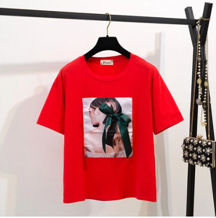 t shirt Женская футболка и джинсовая юбка SMTHMA, черная футболка с принтом и бантом и рваная юбка с надписью для студенток, женский костюм-двойка с юбкой, лето - Цвет: t shirt