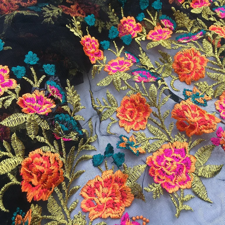 Новая модная многоцветная сетчатая ткань с оранжевыми цветами вышивка кружевная
