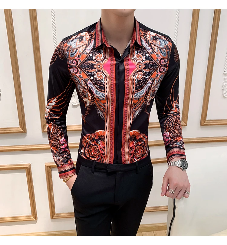Роскошный золотистый и черный рубашка Для мужчин Slim Fit с длинными рукавами Camisa Masculina золотистый и черный Сорочка мужская, для общественных мест Для мужчин клуб нарядная рубашка