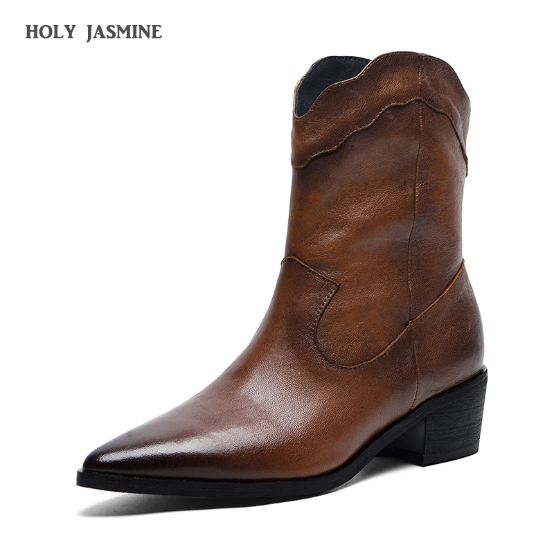 Новинка 2019 года ботинки в западном стиле из натуральной кожи ботильоны на не