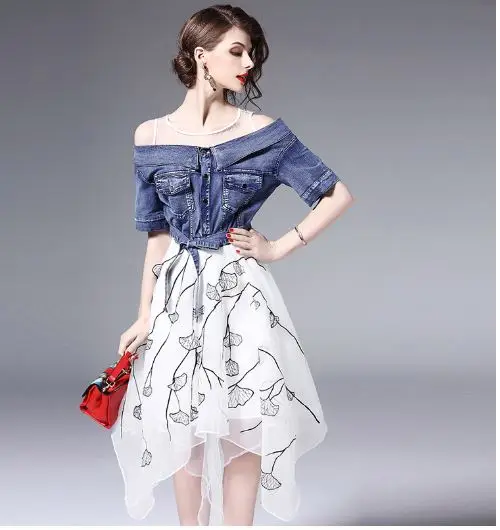 2018 лето с плеча печати тюль сетка нерегулярные подол сращены ремень Высокая