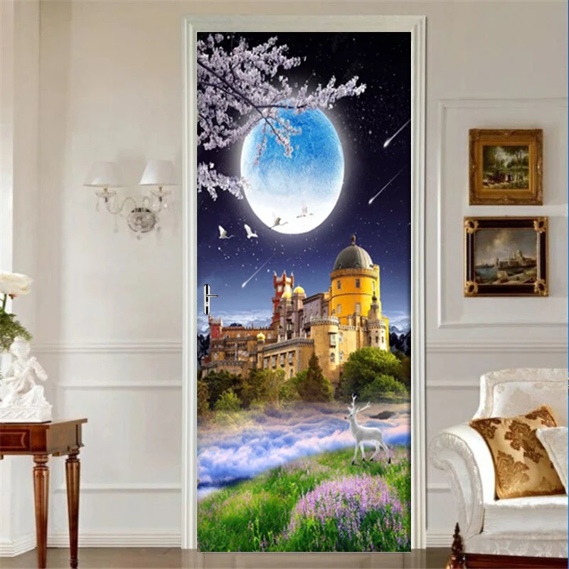 

Removable Door Stickers European Wonderland Castle Moon Waterproof Living Room Bedroom Door Wallpaper Self Adhesive Wall Decals