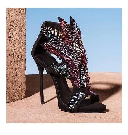 2016 Новые Марка Многоцветный Кристаллы Лист Замши Сандалии Назад молния Пятки