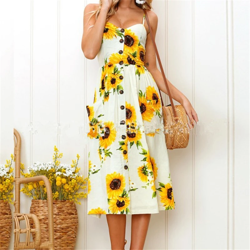 Striped Button Sexy Casual Summer Strap Dress Long Boho Beach Pockets Women Sundress Vestidos Elegant Sunflower Dess Female 2018 | Женская