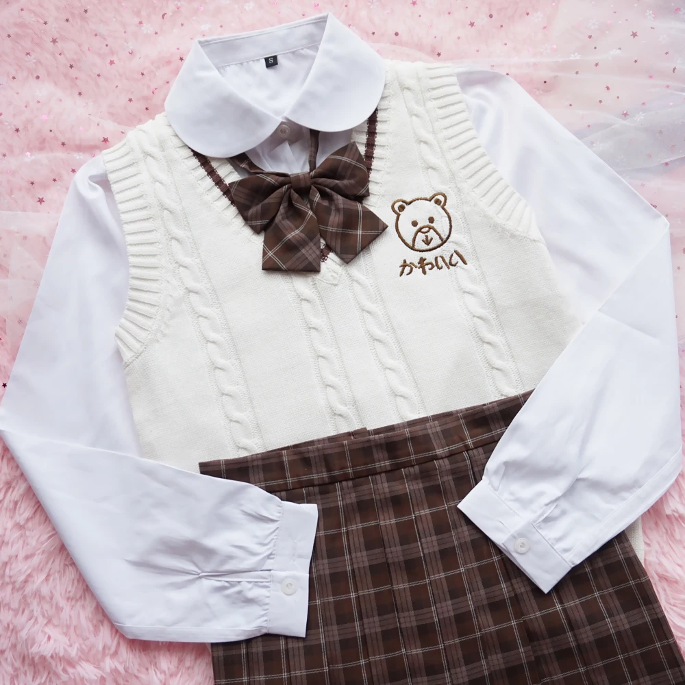 Kawaii Милая Вышивка медведя винтажный Трикотажный жилет в японском стиле преппи