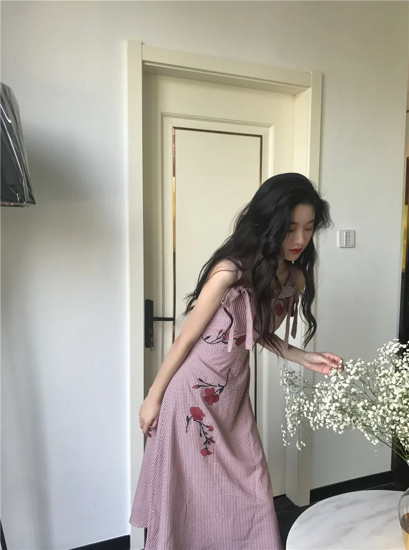 Lychee Girls Plaid Flower Embroidery Lace Up Sleeveless Summer Women Dress Long Causal A Line Female | Женская одежда