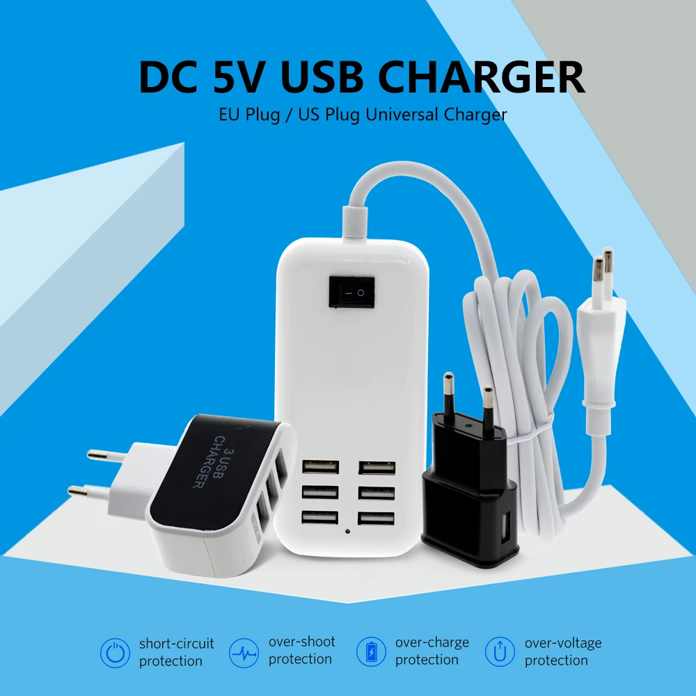 USB адаптер питания 5 в пост. Тока вилка стандарта ЕС/США 1 / 2 3 6 портов светодиодный