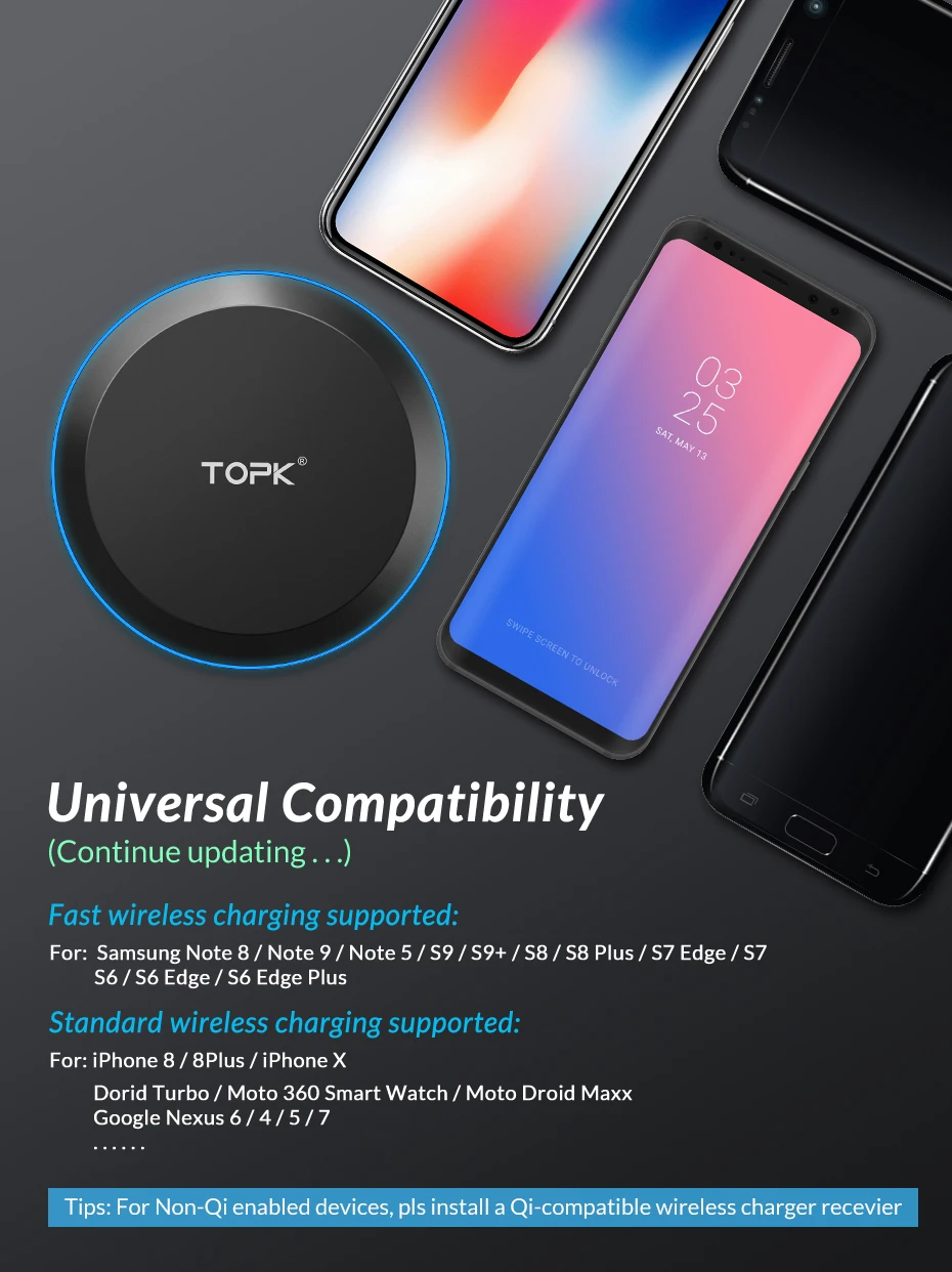 TOPK B46W 10 Вт Беспроводное зарядное устройство адаптер 5 в 2 А usb зарядная площадка для iPhnoe X XS MAX XR Быстрая зарядка для samsung S8 S9 S10 Plus