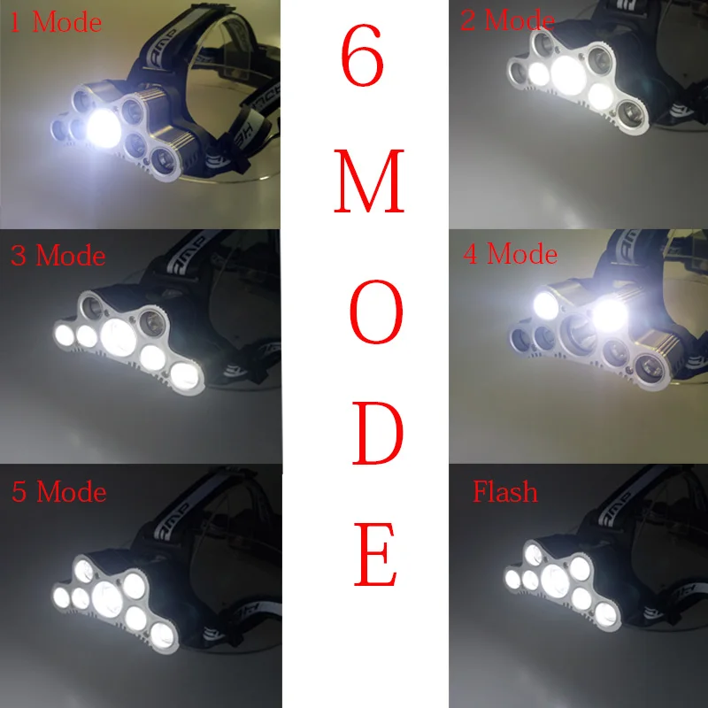 5 * XML T6 + 2 R5 18000LM светодиодный налобный фонарь USB Перезаряжаемый Головной 6 режимов