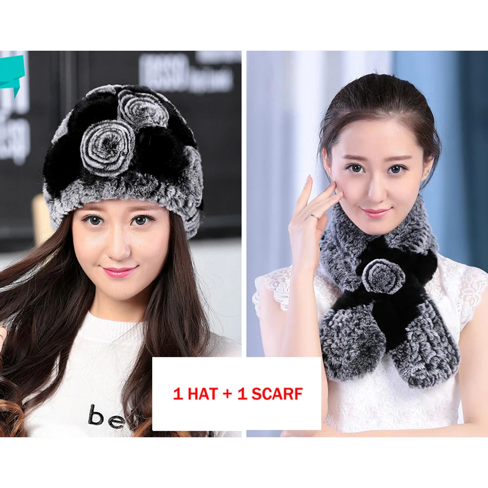 Комплект из 2 предметов натуральной Настоящий мех кролика шарф и шапка меха рекс