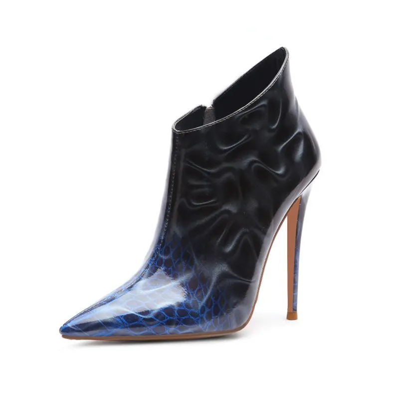 SIMLOVEYO New winter Shoes women Ankle boots Pointed toe Pu leather high heel boots Botas feminino mujer zipper B1401 - Цвет: Black Blue
