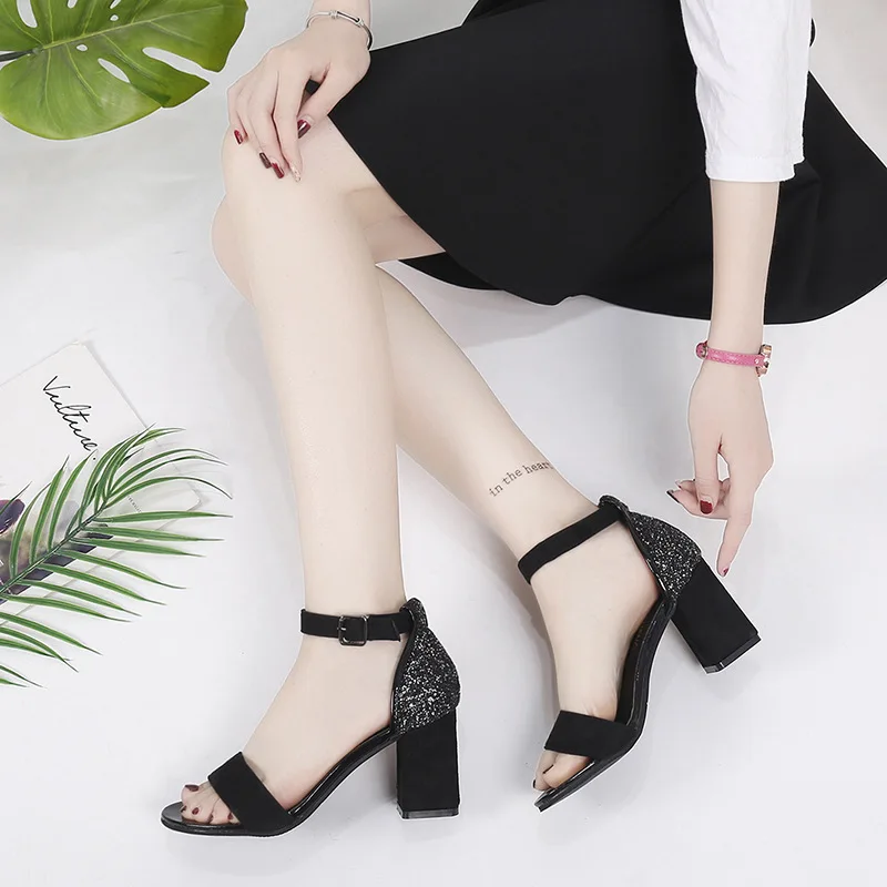 2019 женские босоножки открытый носок Летние туфли на толстом каблуке модные с