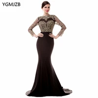 see through black evening dresses 2018 mermaid long sleeve open back beaded appliques lace prom dress african prom evening gown