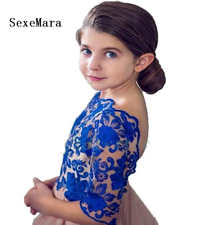 New Customized Princess Royal Blue Girls Pageant Dresses with Train V Back Half Sleeves Junior Party Ball Gown | Детская одежда и