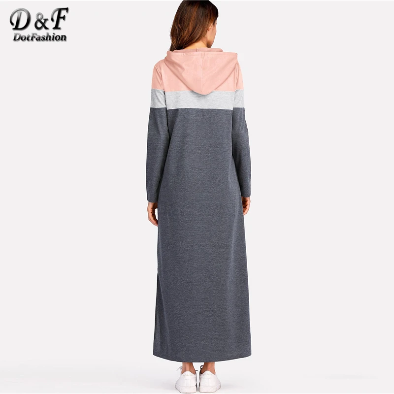 Dotfashion серый цвет-блок сплит боковая Толстовка платье женская одежда осень повседневное с капюшоном длинным рукавом прямое Макси платье