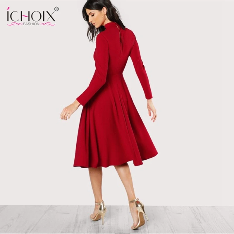 ICHOIX элегантное водолазка женское платье с длинным рукавом однотонные