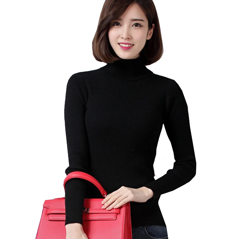 Slim fit cashmere rib jumpers for women winter thick high neck sweaters ladies black white red grey khaki turtleneck knitwear | Женская