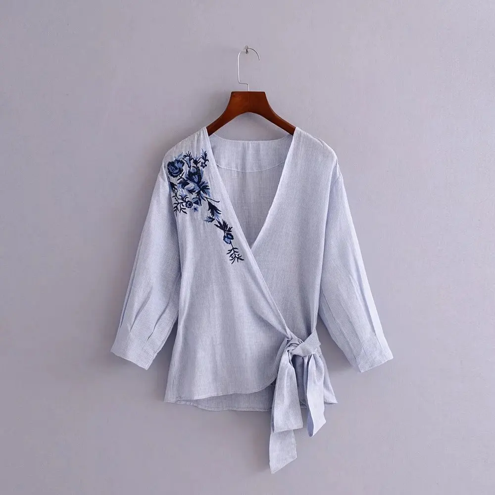 Летние Для женщин пикантные Ретро v-образным вырезом вышитые Wrap кружево синий