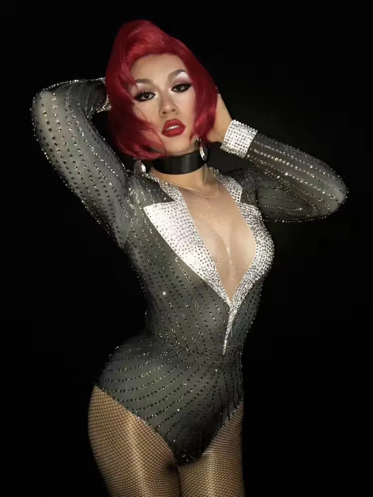 Sexy V-collar Full Diamond Bodysuit Bar nightclub Female DJ Singer DS costumes Stage Pole dancing jazz performance dance suits