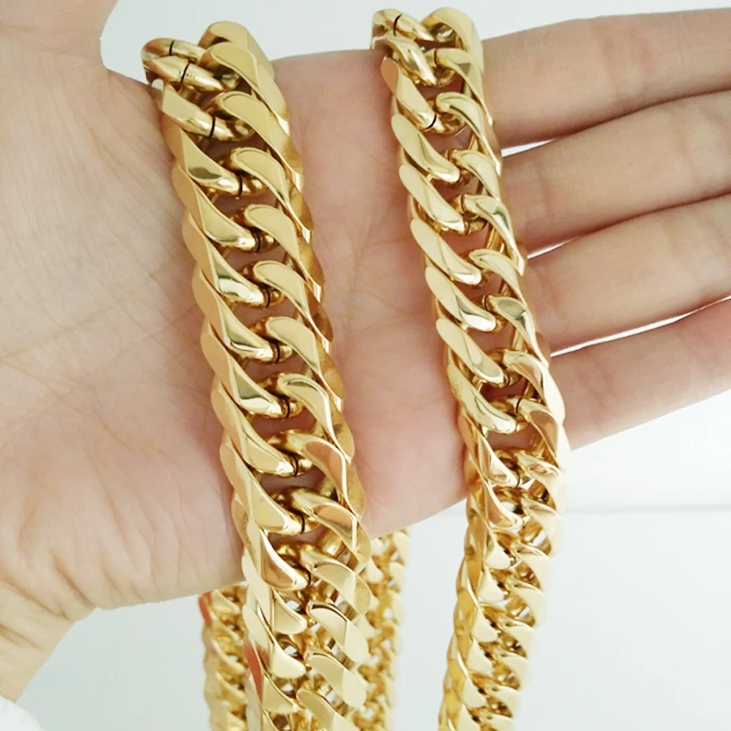 13/16mm Wide Cool Stainless Steel Silver Color/Gold Color Cut Cuban Curb Chain Men's Necklace Or Bracelet Unisexs Jewelry 7&quot-40&quot |