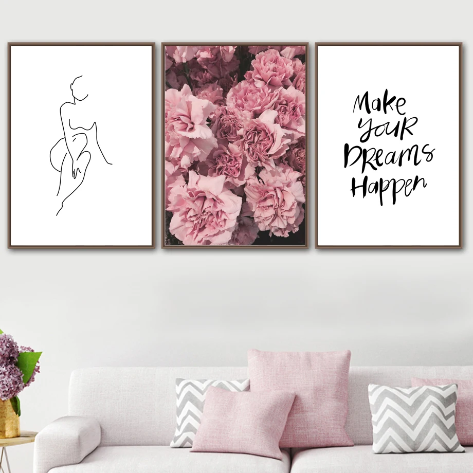 

Carnations Pink Peony Flowers Wall Art Canvas Painting Stick Figure Nordic Poster Quotes Wall Pictures For Living Room Unframed