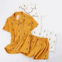 women pajamas set summer comfort gauze cotton turn down collar sleepwear set ladies thin loose cartoon carrot printed homewear