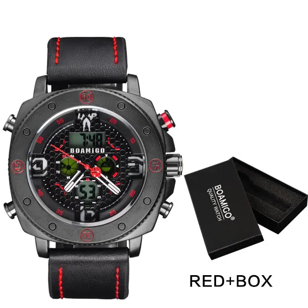 red with box BOAMIGO Брендовые мужские спортивные часы модные кварцевые светодиодный цифровые наручные часы водонепроницаемые кожаные часы Reloj Hombre relogio masculino - Цвет: red with box