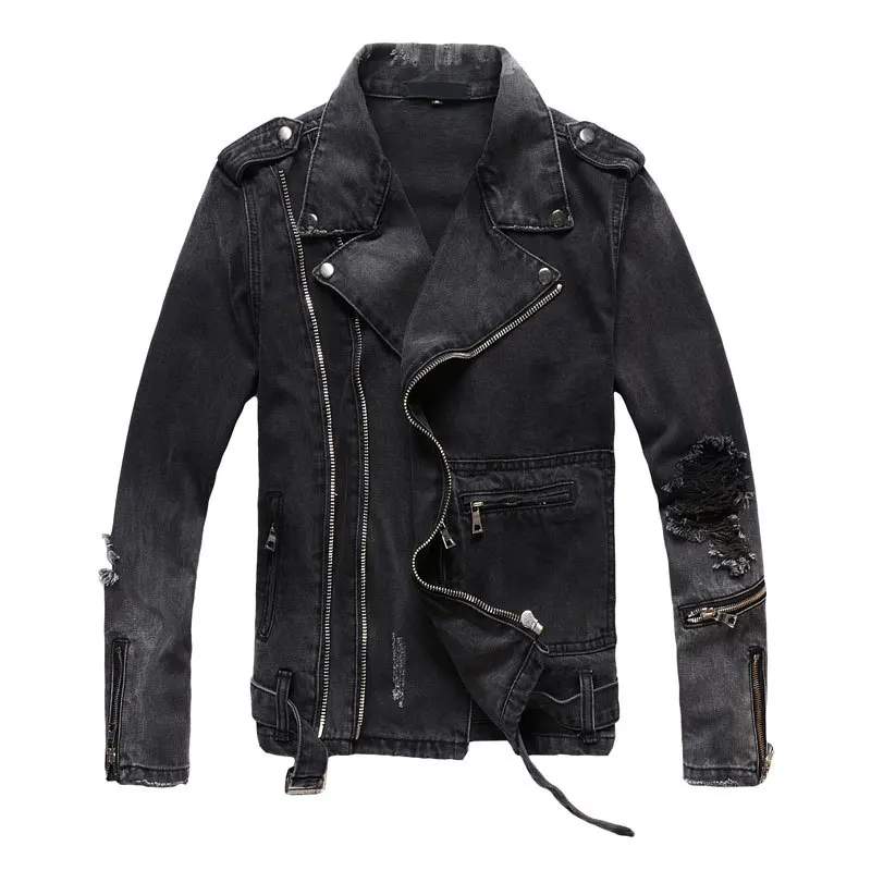 

Men's Zippers Black Denim Jean Biker Jacket for Motorcycle Vintage Epaulet Holes Ripped Distressed Coat