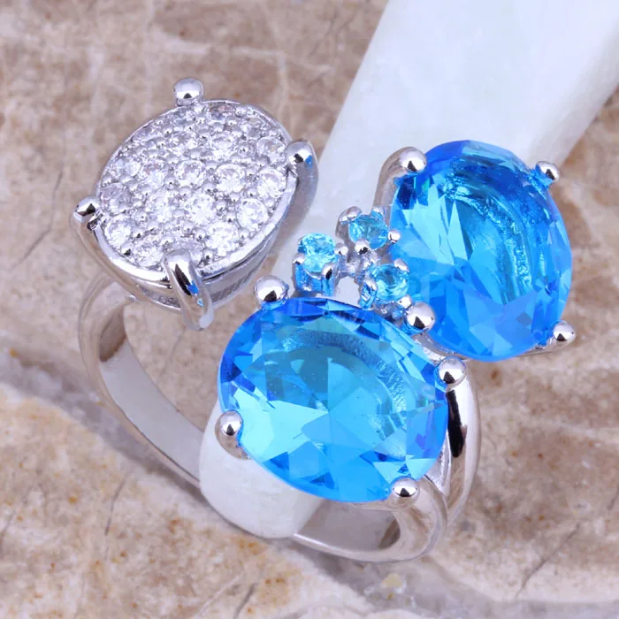 Превосходный Небесно-Голубой кубический цирконий Белый CZ посеребренное кольцо