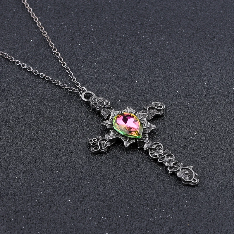 Rock Vintage Punk Jewelry Carving Cross Necklace With A Beautiful Crystal Zinc Alloy Chain Necklaces Women and Men Party Gift | Украшения и
