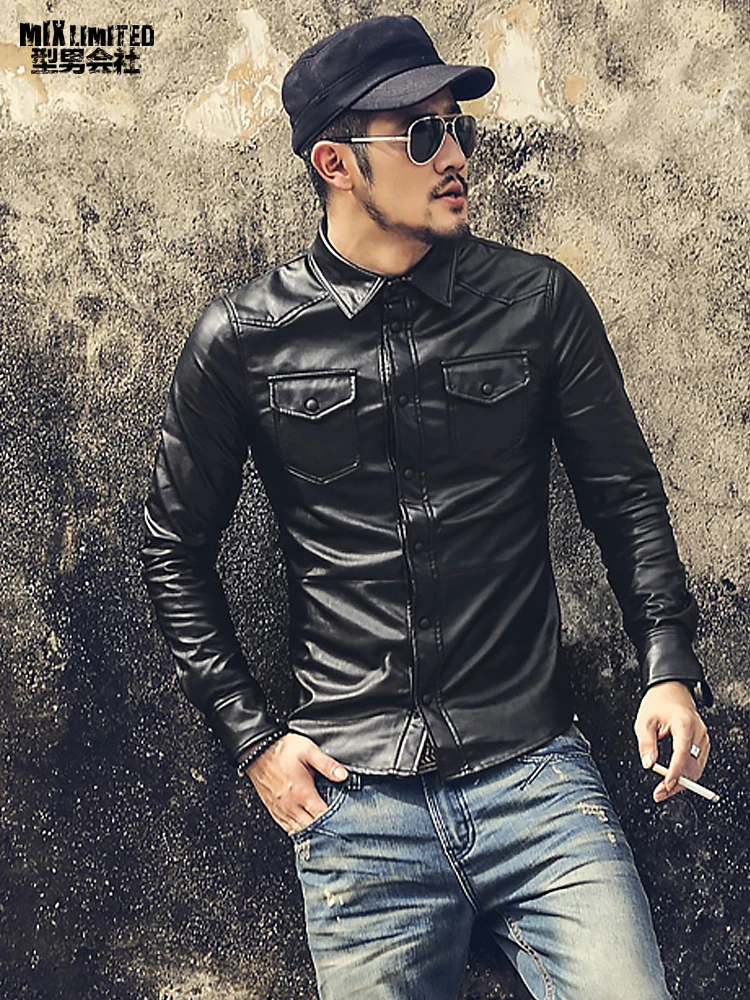 Новый Для мужчин Костюмы Повседневное Slim Fit длинные рукава Кожа рубашка