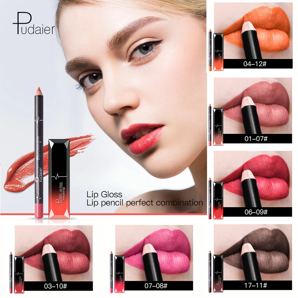 Жидкая матовая губная помада Pudaier + Бархатная подводка для губ набор блеска