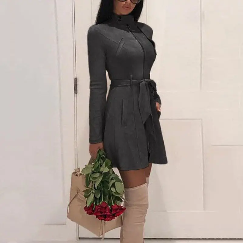 Женский Длинный Тренч MeiHuiDa теплый однотонный с высоким воротом на кнопках 2018 |