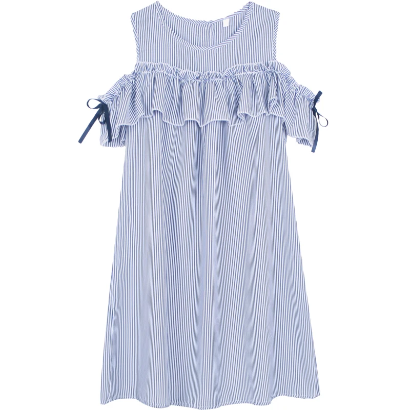 

Summer New Women Korean Striped Girl Ruffles Bow Student Long Fashion Cute Casual Dress