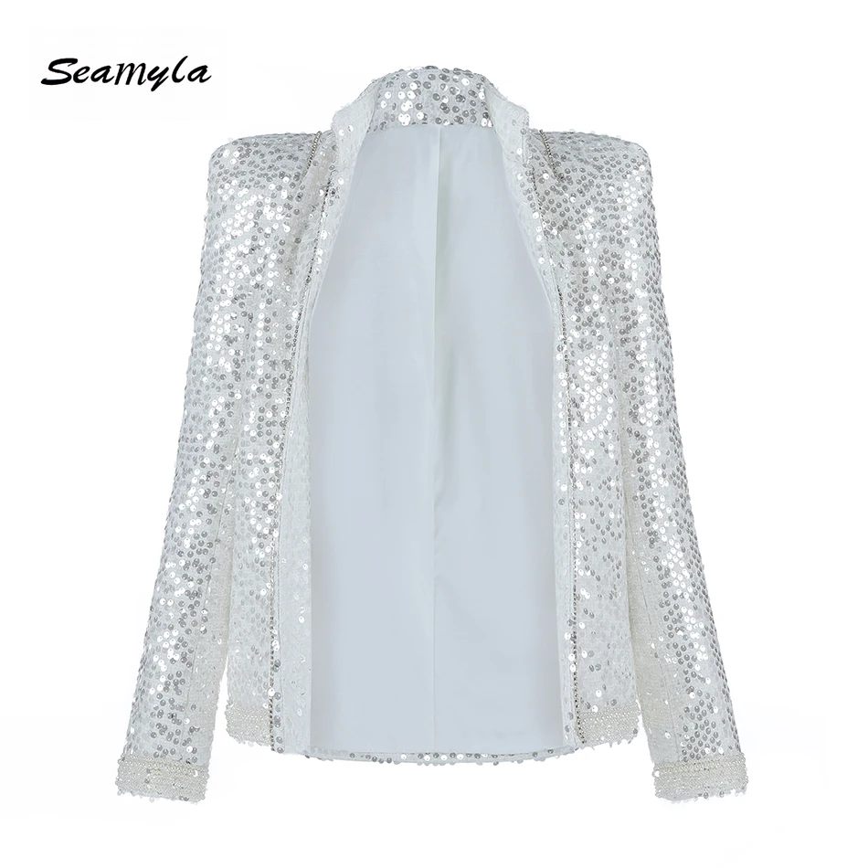 Seamyla 2019 New Elegant Sequined Coats Long Sleeve Beading Celebrity Party Blazers Women White Runway Coat Winter Club Outwears | Женская
