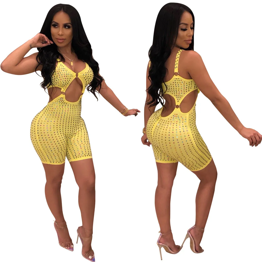 Женский Блестящий Комбинезон на бретелях спагетти с вырезами|Комбинезоны c