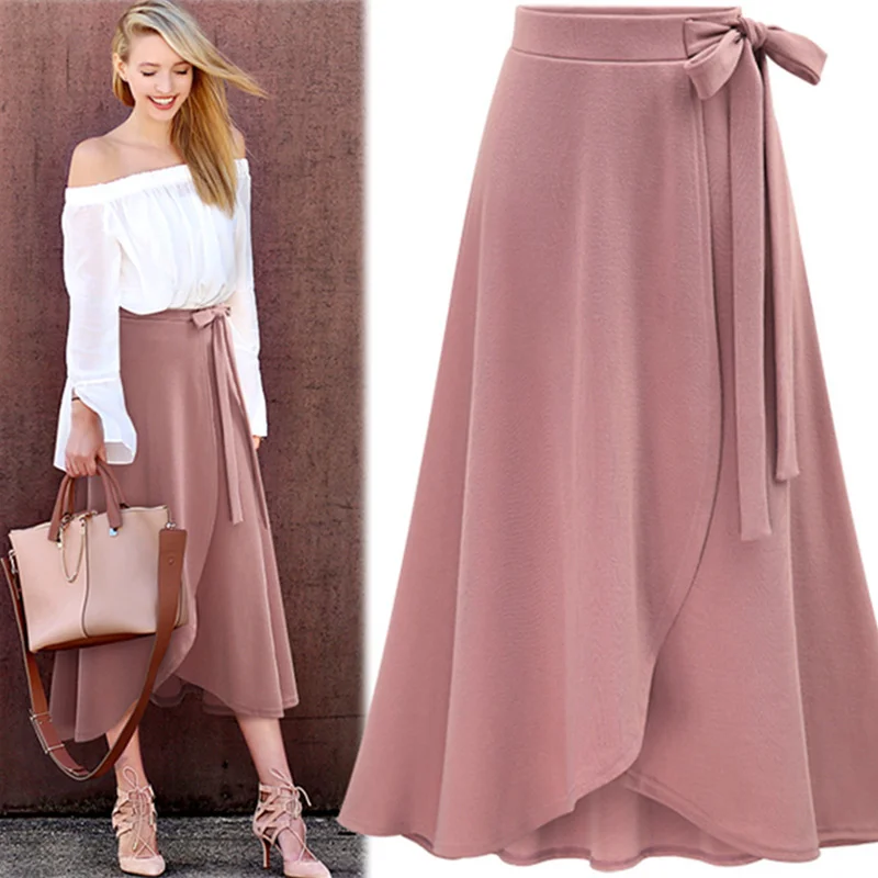 

Women's Chiffon Pink Ruffle Bowtie Long Skirt Split Irregular High Waist Maxi Female Skirts Spring Winter Office Lady Clothes