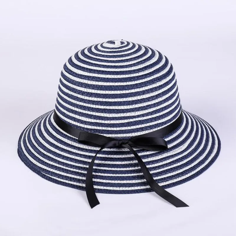 Женская Соломенная пляжная шляпа Hepburn черно белая в полоску с бантом летняя от
