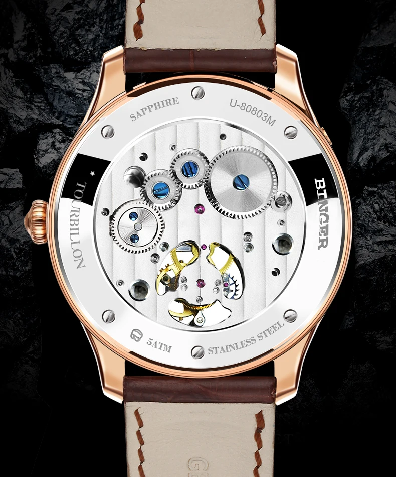 Подлинные роскошные Бингер бренд TOURBILLON крокодиловый кожаный ремешок для мужчин высокого класса Сапфир Водонепроницаемый ручной Ветер Механические Мужские часы